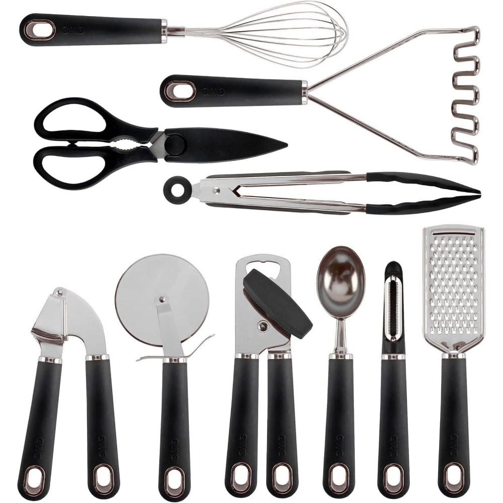 imageCOOK WITH COLOR Kitchen Gadget Set Stainless Steel Utensils with Soft Touch Handles 7 Pieces Stainless Steel GreenStainless Steel Black  Updated