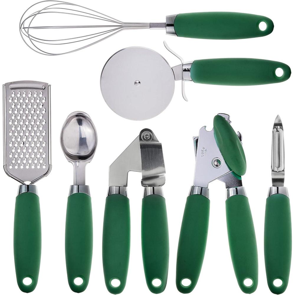 imageCOOK WITH COLOR Kitchen Gadget Set Stainless Steel Utensils with Soft Touch Handles 7 Pieces Stainless Steel GreenStainless Steel Green
