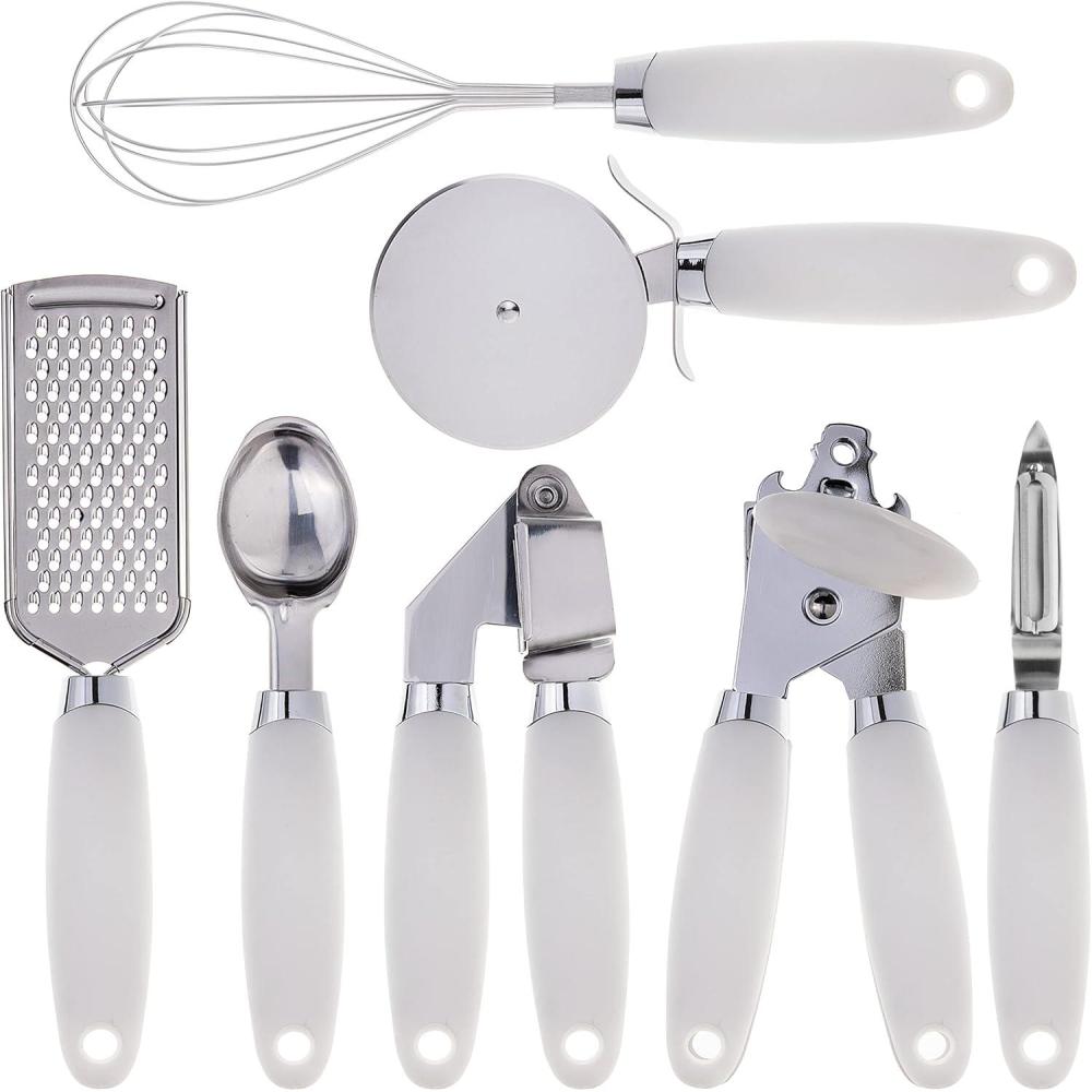 imageCOOK WITH COLOR Kitchen Gadget Set Stainless Steel Utensils with Soft Touch Handles 7 Pieces Stainless Steel GreenStainless Steel White