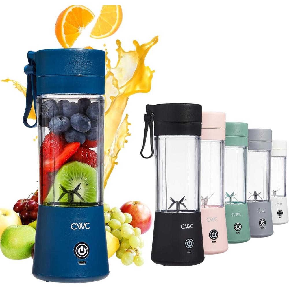 imageCOOK WITH COLOR Mini Portable Blender  250W Power 12oz Capacity Stainless Steel Blade WirelessUSB Rechargeable GreyBlue