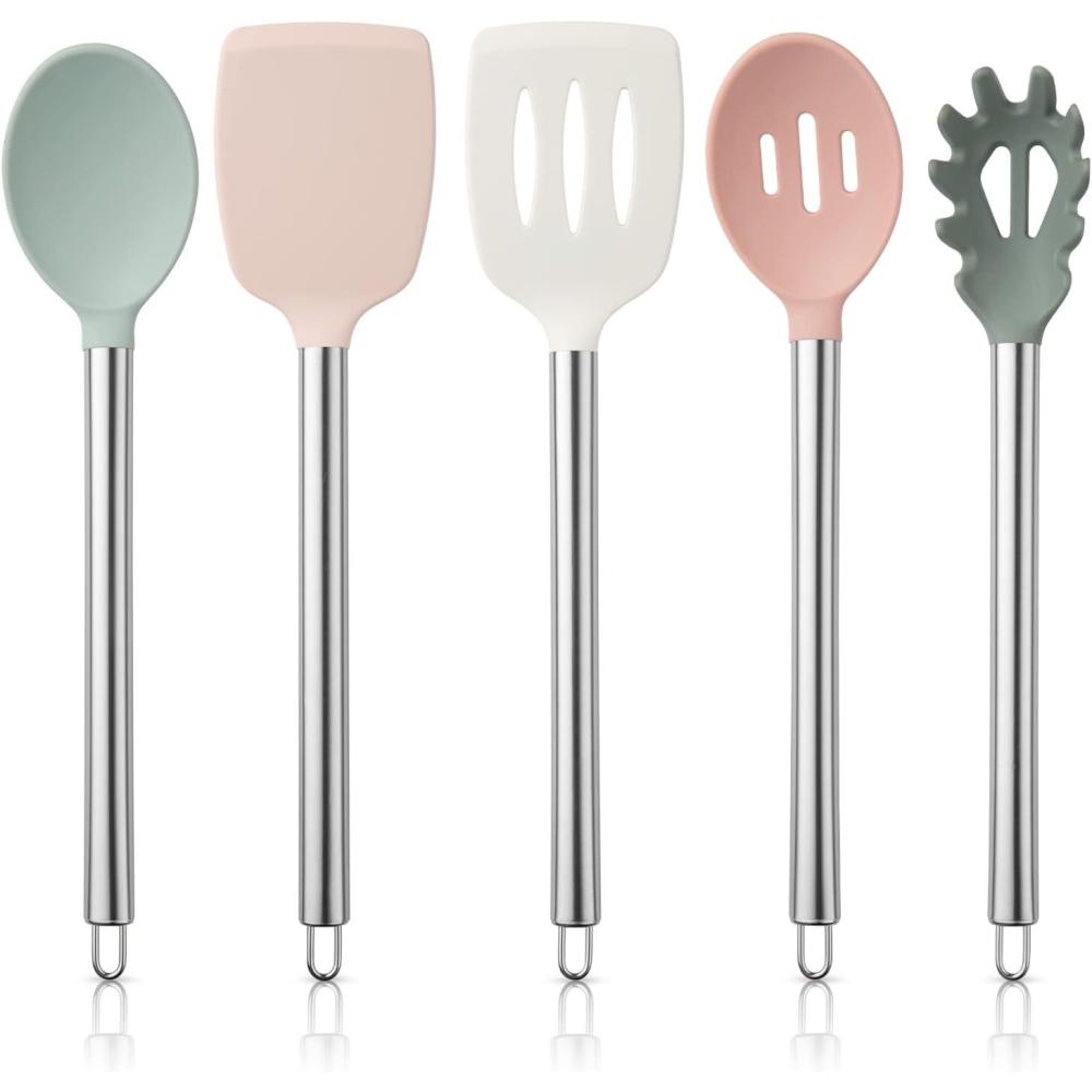 imageCOOK WITH COLOR Silicone Cooking Utensils Kitchen Utensil Set Easy to Clean Silicone Kitchen Utensils Cooking Utensils for Nonstick Cookware Kitchen Gadgets Set 5 Pieces Speckled WhiteMint