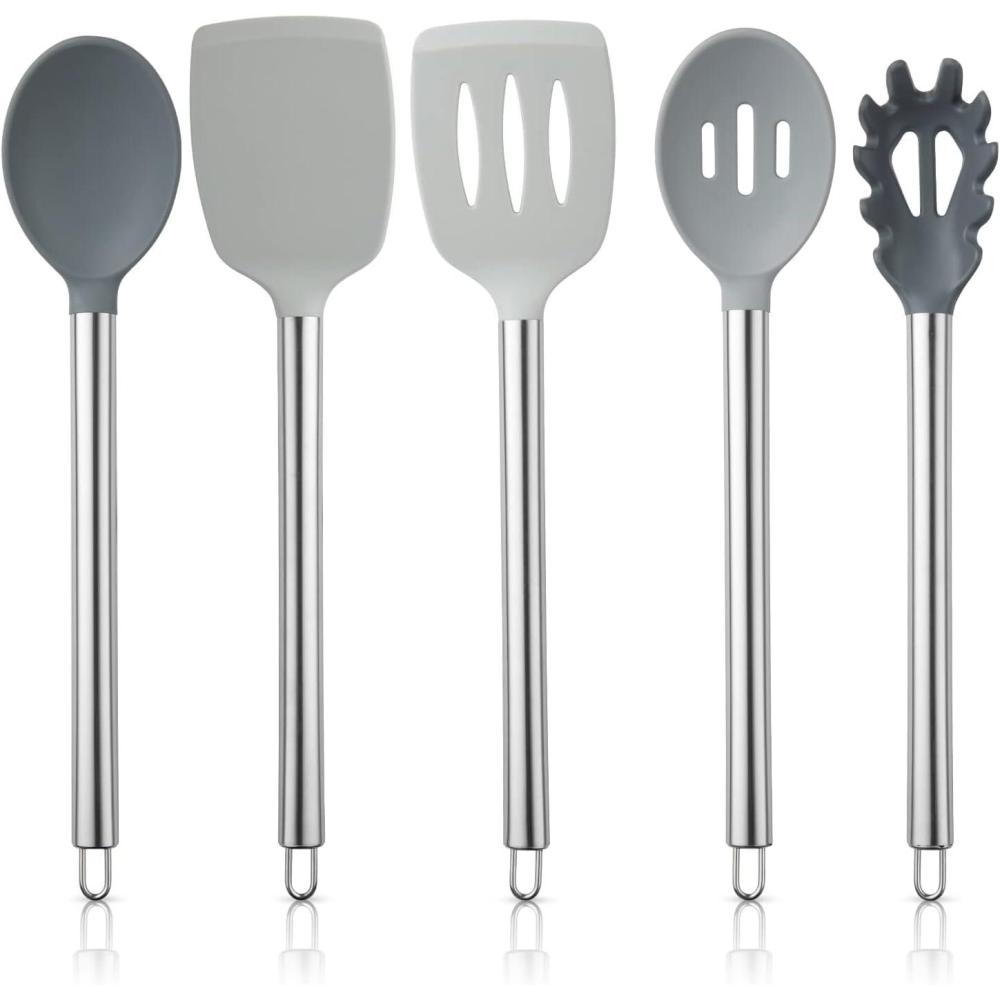imageCOOK WITH COLOR Silicone Cooking Utensils Kitchen Utensil Set Easy to Clean Silicone Kitchen Utensils Cooking Utensils for Nonstick Cookware Kitchen Gadgets Set 5 Pieces Speckled WhiteGrey Ombre