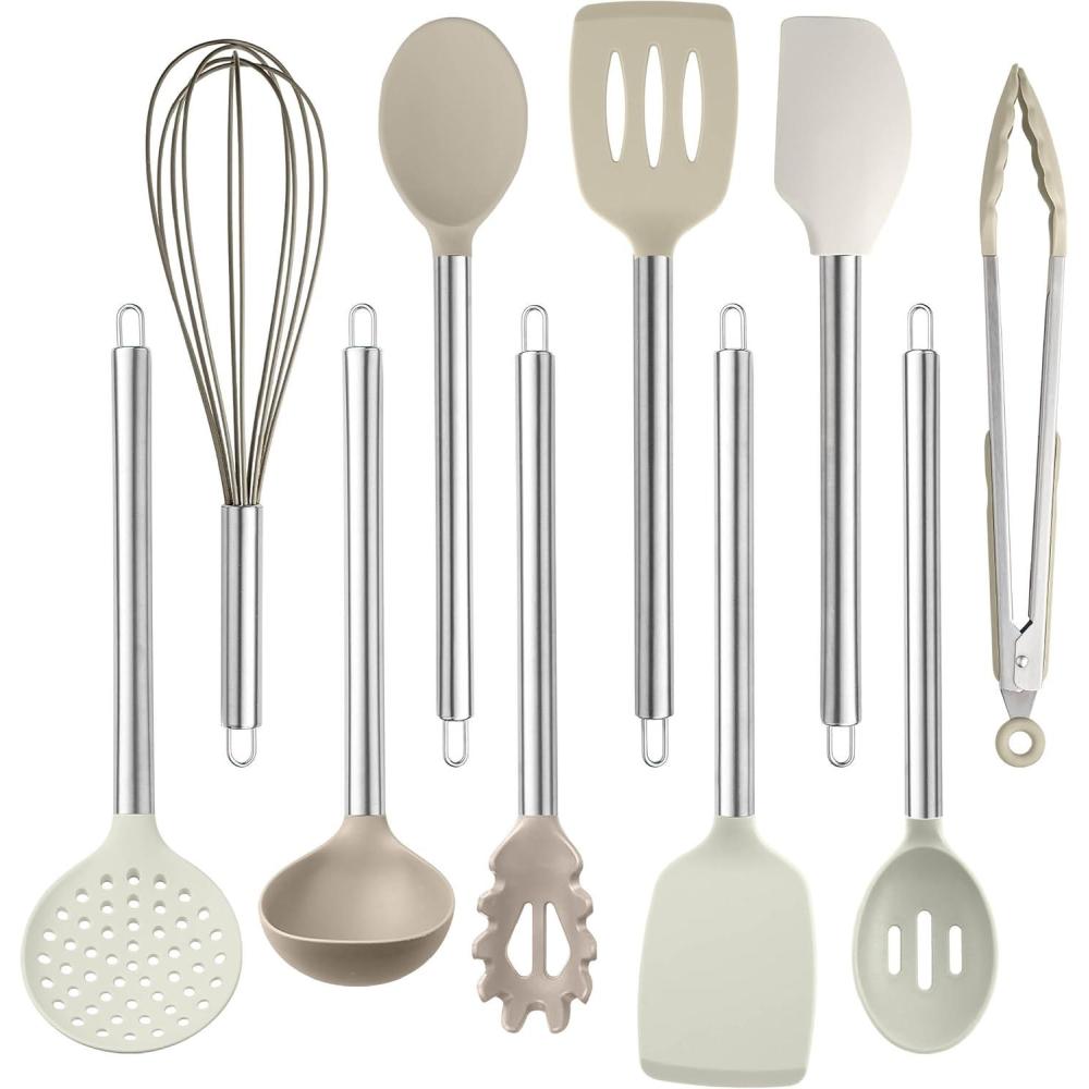 imageCOOK WITH COLOR Silicone Cooking Utensils Kitchen Utensil Set Easy to Clean Silicone Kitchen Utensils Cooking Utensils for Nonstick Cookware Kitchen Gadgets Set 5 Pieces Speckled WhiteBrown