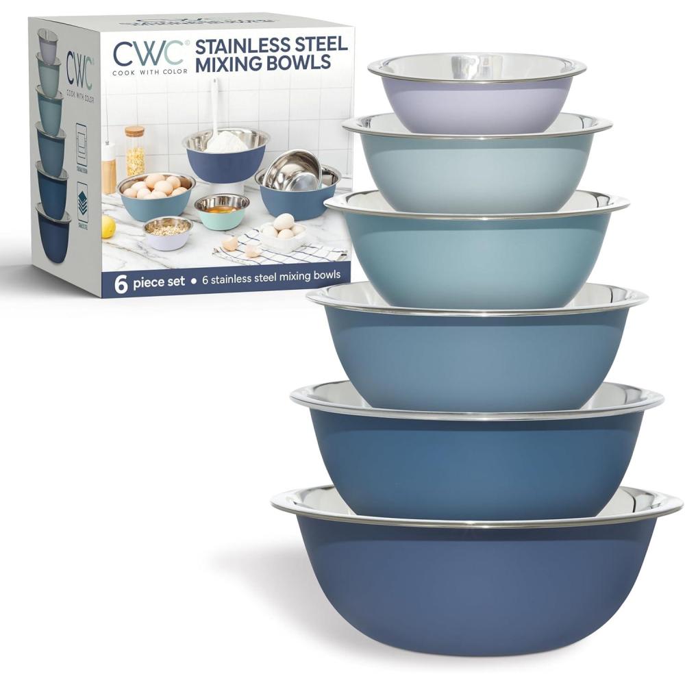 imageCOOK WITH COLOR Stainless Steel Mixing Bowls Set  Nesting Bowls 6 Pieces BlueBlue