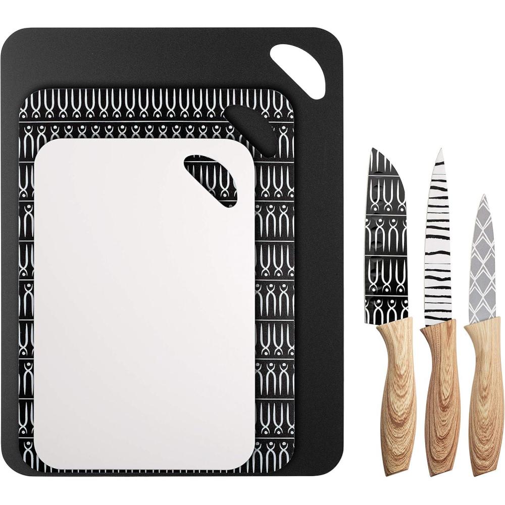 imageCOOK WITH COLOR 6 Piece Kitchen Knives and Board Set  Includes 3 Knives and 3 Cutting Boards  Black and White Collection
