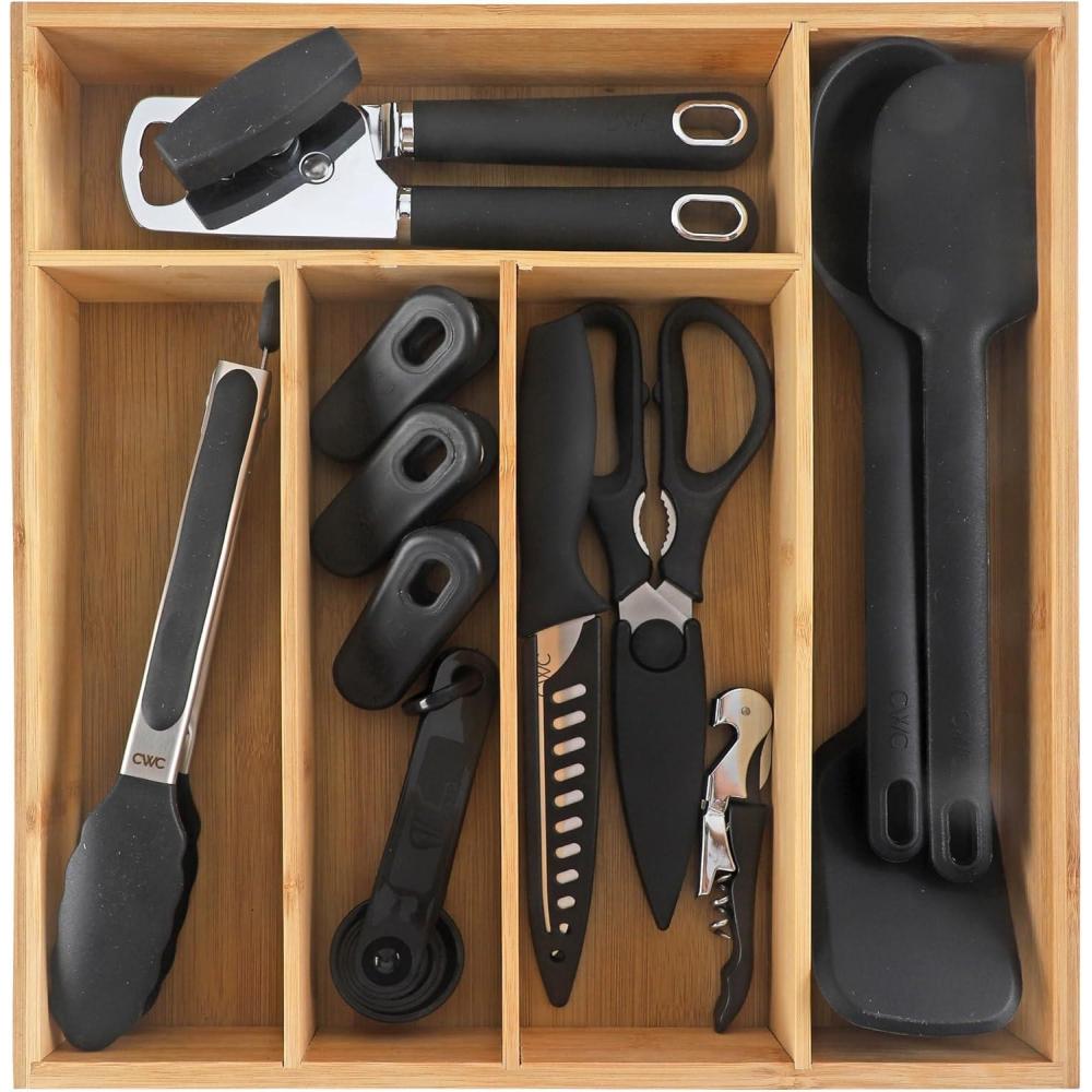imageCOOK WITH COLOR Bamboo Kitchen Utensil Set with Drawer Organizer  Cooking Tools and Storage Caddy Blue 18 Piece Gadget SetBlack