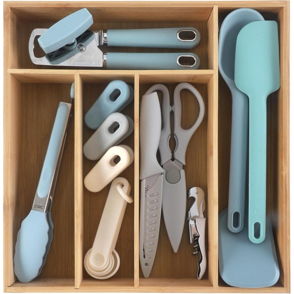 imageCOOK WITH COLOR Bamboo Kitchen Utensil Set with Drawer Organizer  Cooking Tools and Storage Caddy Blue 18 Piece Gadget SetBlue