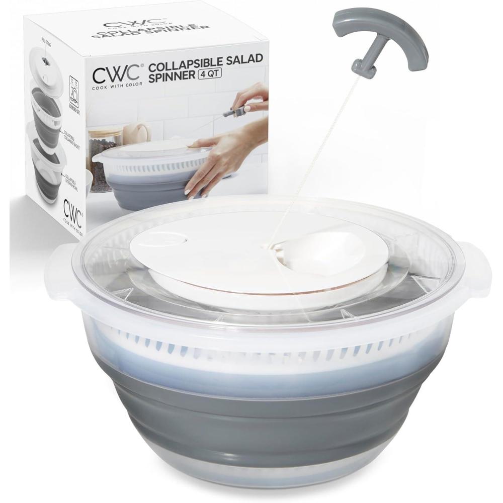 imageCOOK WITH COLOR Collapsible Salad Spinner  4 QT Space Saving Lettuce Dryer with Folding Collapsible Colander Great for Washing and Drying Fruit and Vegetables GreyGray