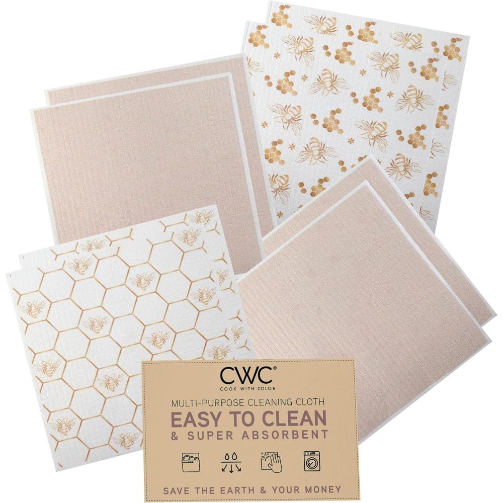 imageCOOK WITH COLOR EcoFriendly Reusable Swedish Dishcloths for Kitchen  Pack of 8 Reusable Paper Towels Biodegradable Cellulose Sponge Cloths Assorted Designs and Colors Neutral BeesNeutral Bees