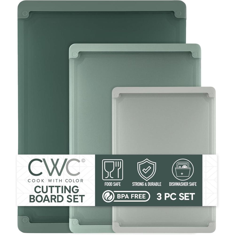 imageCOOK WITH COLOR Extra Large Cutting Board Set JumboSized Boards with Rubber Border for Enhanced Cooking Experience 3Piece MintDark Sage Solid