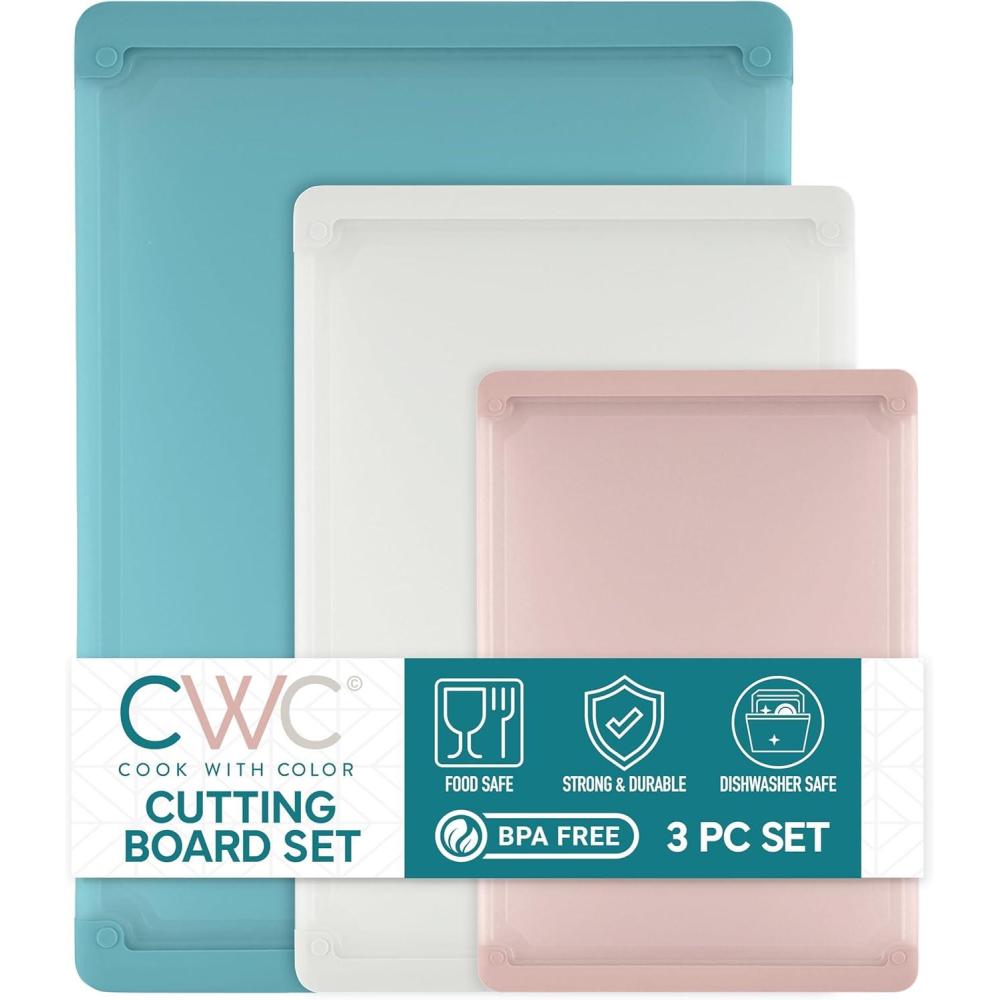imageCOOK WITH COLOR Extra Large Cutting Board Set JumboSized Boards with Rubber Border for Enhanced Cooking Experience 3Piece MintTeal Solid