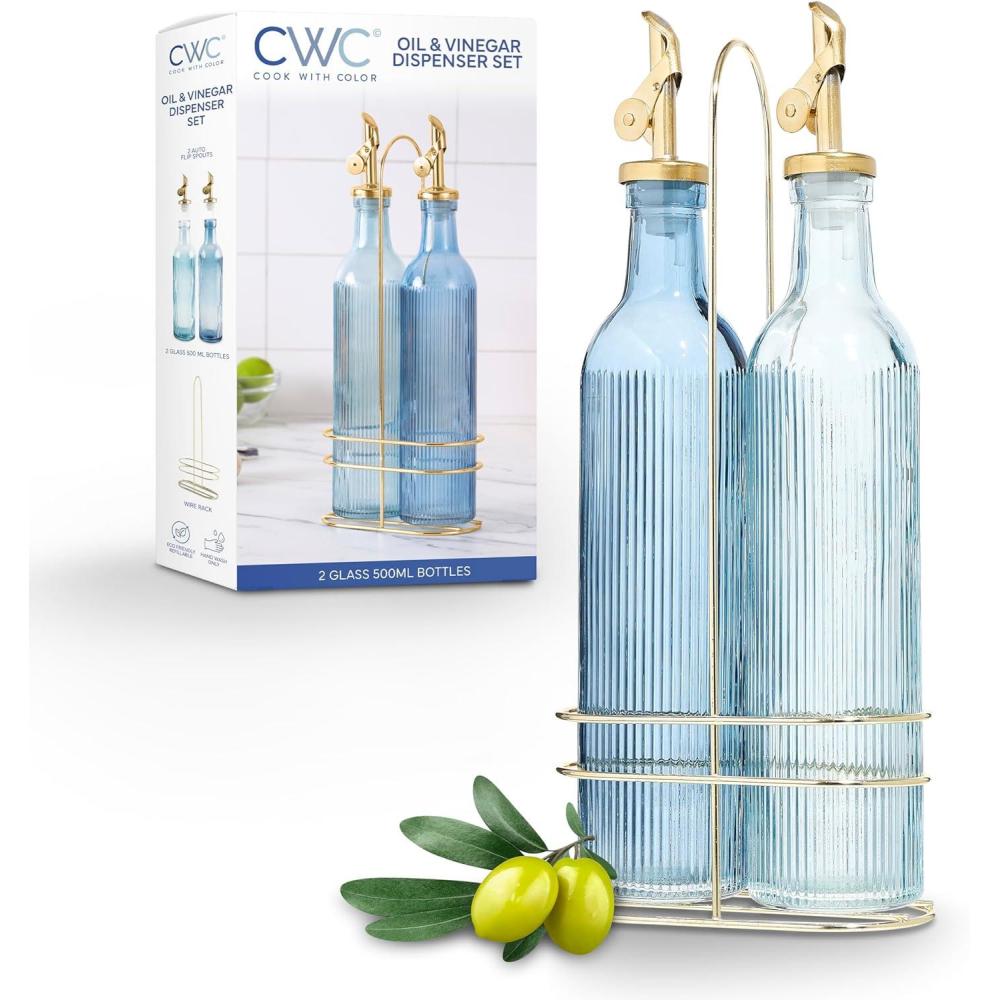 imageCOOK WITH COLOR Glass Olive Oil Bottle Dispenser  2 Pack 17oz Oil and Vinegar Cruet  Olive Oil Carafe Decanter for KitchenBlue