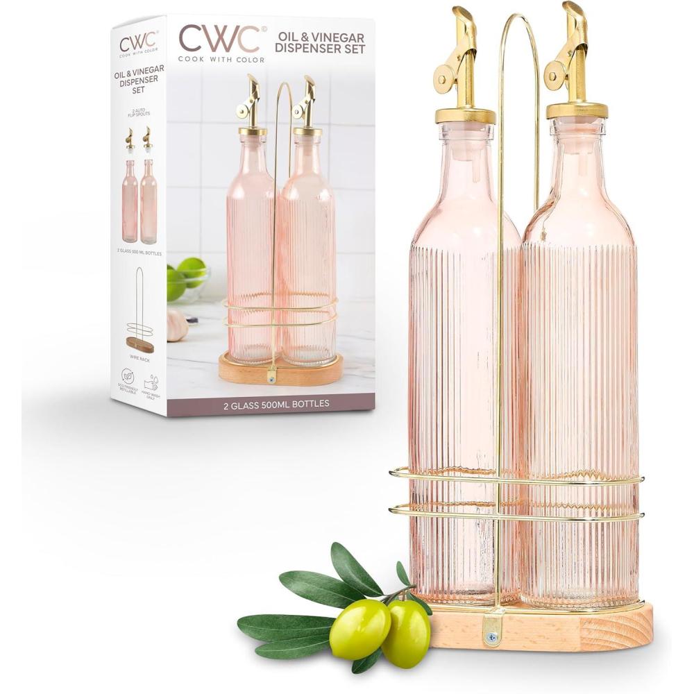 imageCOOK WITH COLOR Glass Olive Oil Bottle Dispenser  2 Pack 17oz Oil and Vinegar Cruet  Olive Oil Carafe Decanter for KitchenPink with Bamboo Holder