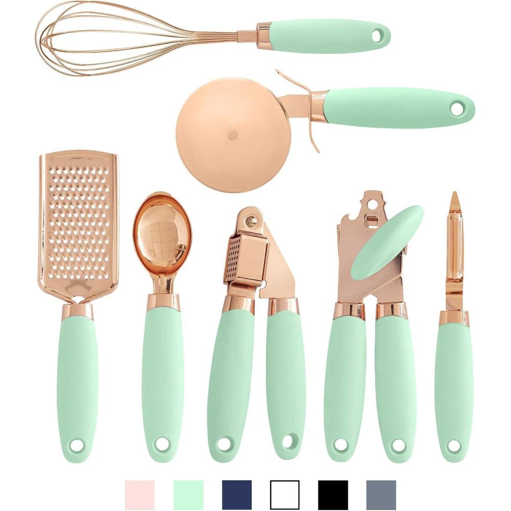 imageCOOK WITH COLOR Kitchen Gadget Set Copper Plated Stainless Steel Utensils with Soft Touch Handles Copper Navy 7 PiecesCopper Mint