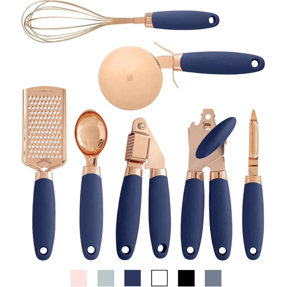 imageCOOK WITH COLOR Kitchen Gadget Set Copper Plated Stainless Steel Utensils with Soft Touch Handles Copper Navy 7 PiecesCopper Navy