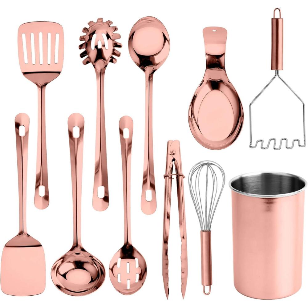 imageCOOK WITH COLOR Kitchen Utensil Set  10piece premium Nonstick ampamp Heat Resistant Kitchen Gadgets Turner Spaghetti Server Serving Spoons Whisk Tongs Masher ampamp Utensil Holder Stainless SteelRose Gold
