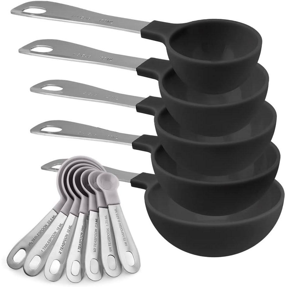 imageCOOK WITH COLOR Measuring Cups Set and Measuring Spoon Set Stainless Steel Handles Nesting Kitchen Measuring Set Liquid Measuring Cup Set 12 PC Stainless Steel BlackBlack and White Collection