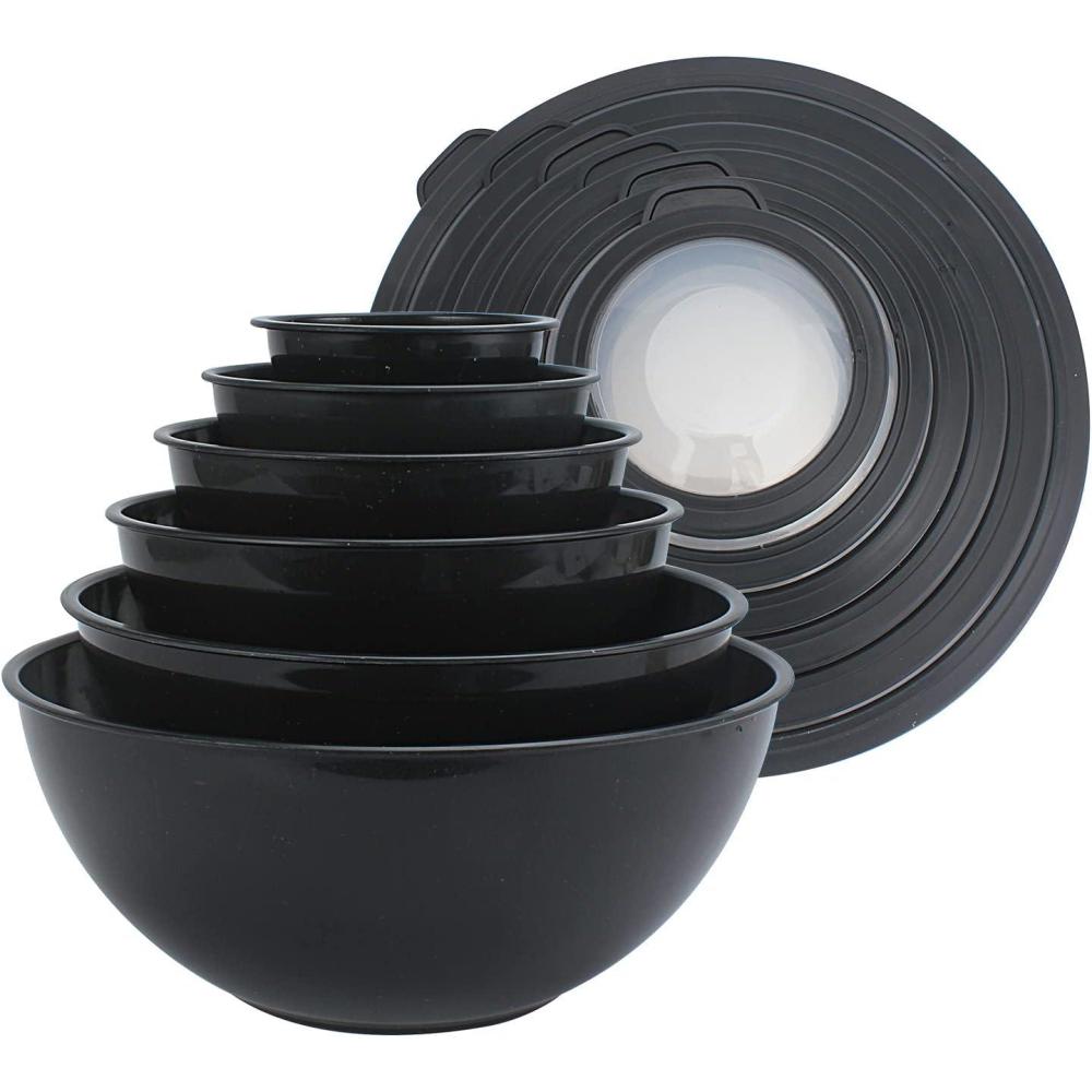 imageCOOK WITH COLOR Mixing Bowls with TPR Lids  12 Piece Plastic Nesting Bowls Set includes 6 Prep Bowls and 6 Lids Microwave Safe Mixing Bowl Set Blue and WhiteSpeckled Black TPR Lids
