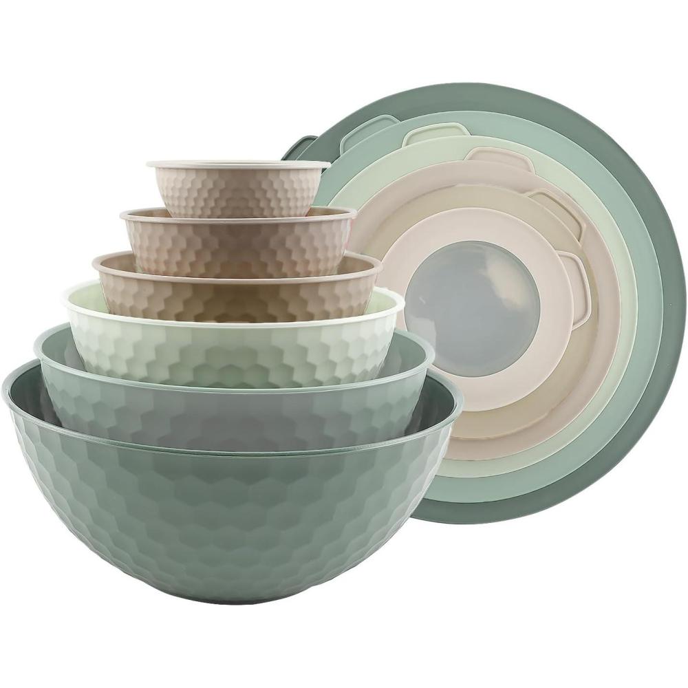 imageCOOK WITH COLOR Mixing Bowls with TPR Lids  12 Piece Plastic Nesting Bowls Set includes 6 Prep Bowls and 6 Lids Microwave Safe Mixing Bowl Set Blue and WhiteMint Embossed