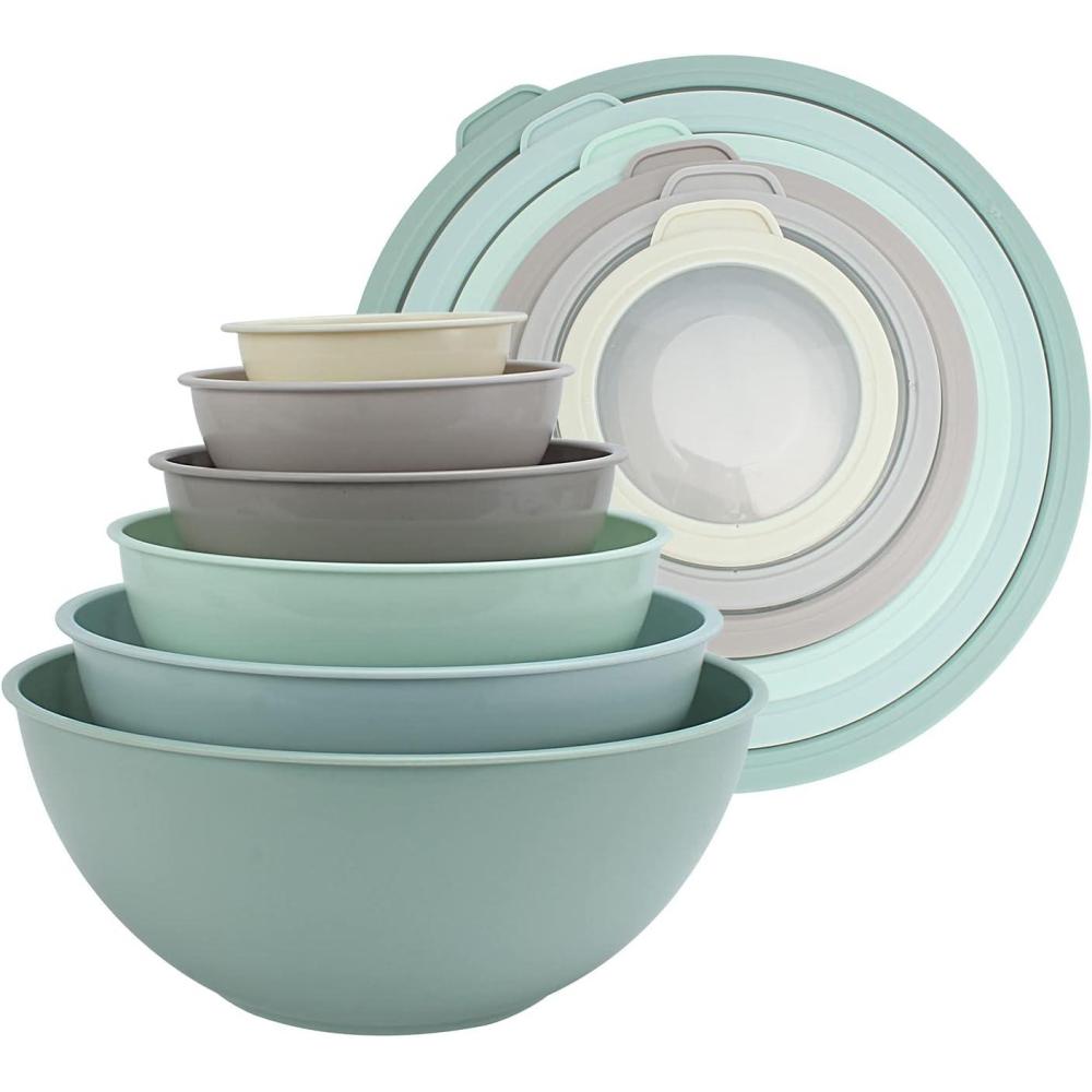 imageCOOK WITH COLOR Mixing Bowls with TPR Lids  12 Piece Plastic Nesting Bowls Set includes 6 Prep Bowls and 6 Lids Microwave Safe Mixing Bowl Set Blue and WhiteMint Ombre TPR Lids