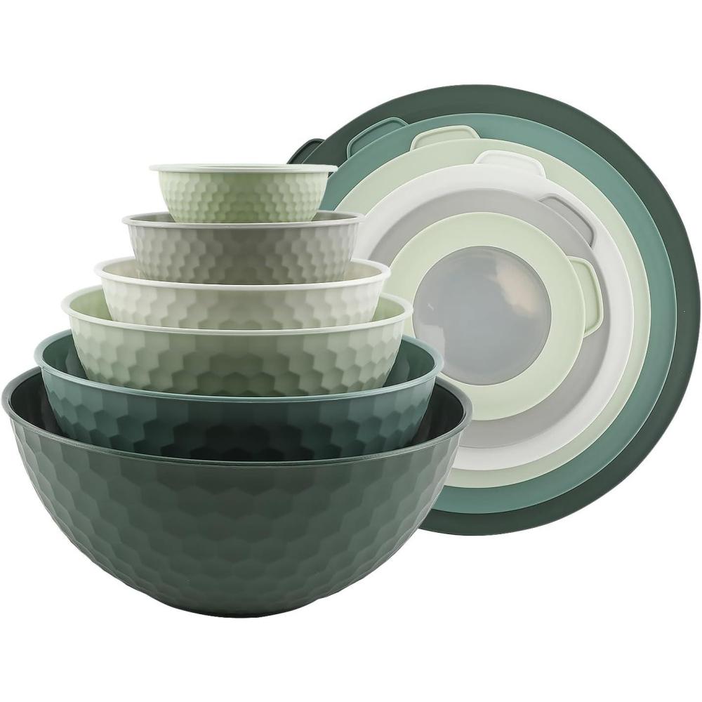 imageCOOK WITH COLOR Mixing Bowls with TPR Lids  12 Piece Plastic Nesting Bowls Set includes 6 Prep Bowls and 6 Lids Microwave Safe Mixing Bowl Set Blue and WhiteSage Embossed