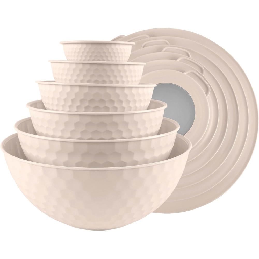 imageCOOK WITH COLOR Mixing Bowls with TPR Lids  12 Piece Plastic Nesting Bowls Set includes 6 Prep Bowls and 6 Lids Microwave Safe Mixing Bowl Set Blue and WhiteCream Embossed