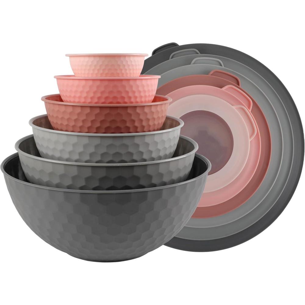imageCOOK WITH COLOR Mixing Bowls with TPR Lids  12 Piece Plastic Nesting Bowls Set includes 6 Prep Bowls and 6 Lids Microwave Safe Mixing Bowl Set Blue and WhitePink Embossed