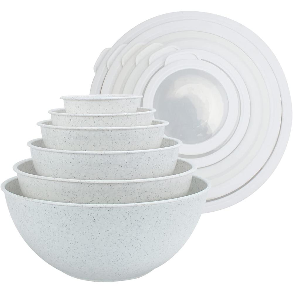 imageCOOK WITH COLOR Mixing Bowls with TPR Lids  12 Piece Plastic Nesting Bowls Set includes 6 Prep Bowls and 6 Lids Microwave Safe Mixing Bowl Set Blue and WhiteSpeckled White TPR Lids