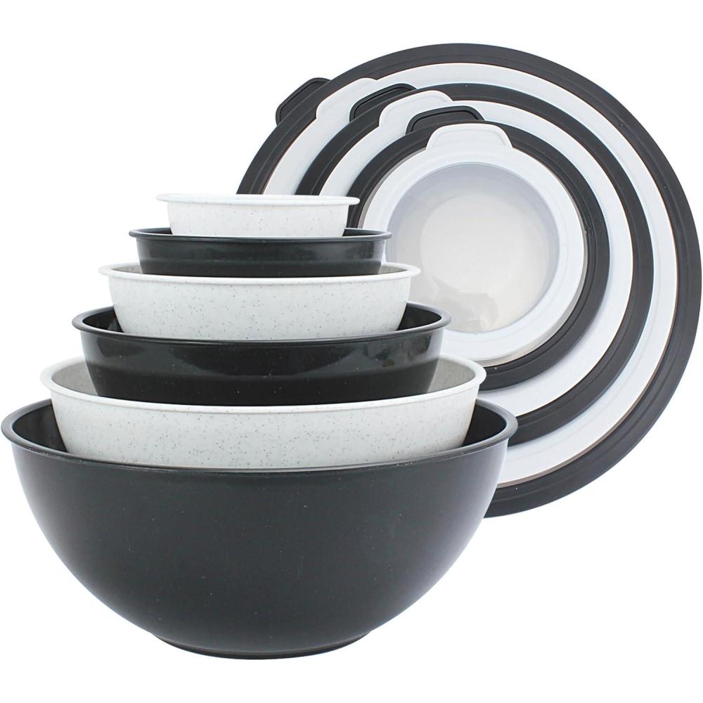 imageCOOK WITH COLOR Mixing Bowls with TPR Lids  12 Piece Plastic Nesting Bowls Set includes 6 Prep Bowls and 6 Lids Microwave Safe Mixing Bowl Set Blue and WhiteBlack and White TPR Lids