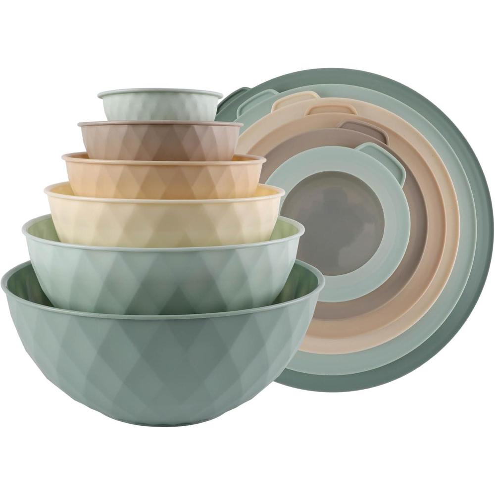 imageCOOK WITH COLOR Mixing Bowls with TPR Lids  12 Piece Plastic Nesting Bowls Set includes 6 Prep Bowls and 6 Lids Microwave Safe Mixing Bowl Set Blue and WhiteMint Diamond