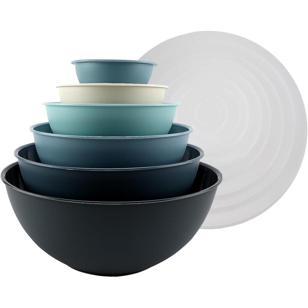 imageCOOK WITH COLOR Mixing Bowls with TPR Lids  12 Piece Plastic Nesting Bowls Set includes 6 Prep Bowls and 6 Lids Microwave Safe Mixing Bowl Set Blue and WhiteBlue Ombre