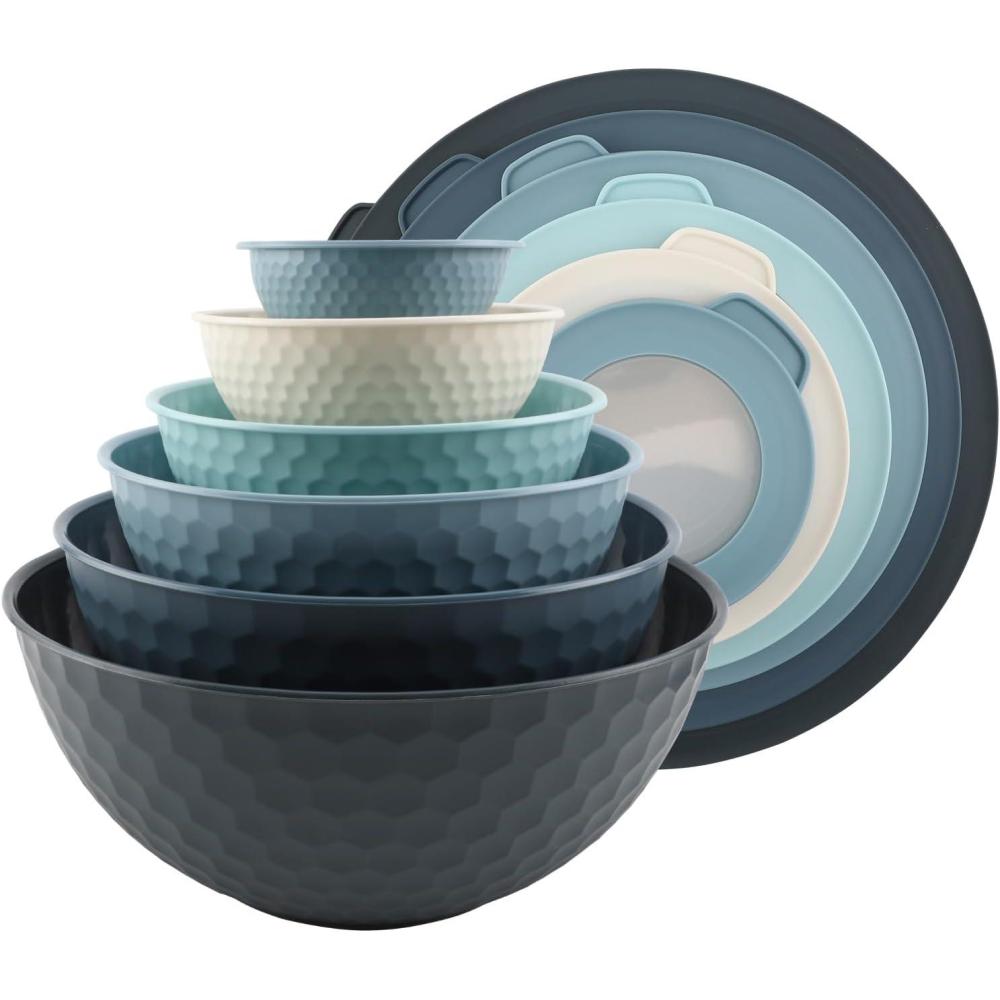 imageCOOK WITH COLOR Mixing Bowls with TPR Lids  12 Piece Plastic Nesting Bowls Set includes 6 Prep Bowls and 6 Lids Microwave Safe Mixing Bowl Set Blue and WhiteBlue Embossed