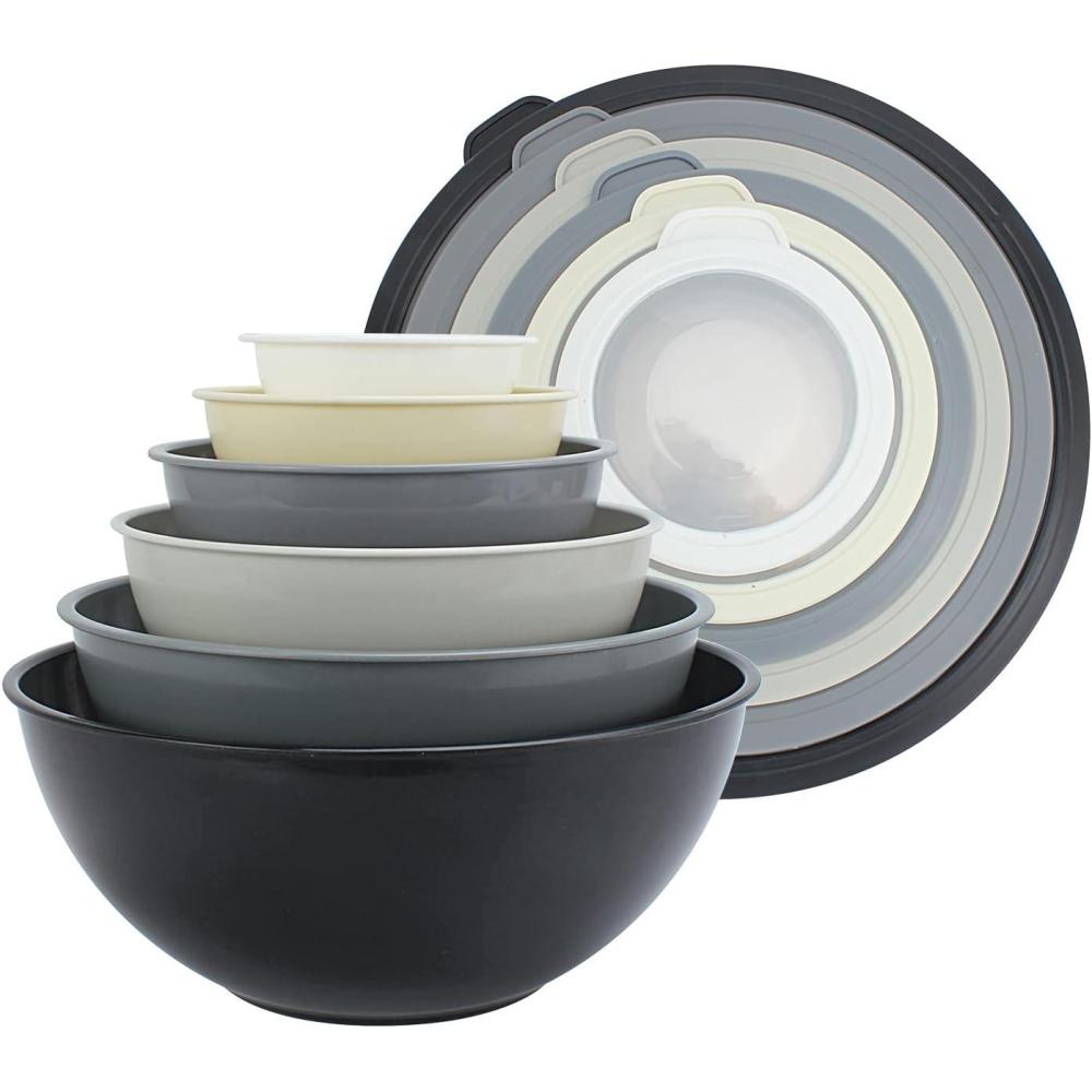 imageCOOK WITH COLOR Mixing Bowls with TPR Lids  12 Piece Plastic Nesting Bowls Set includes 6 Prep Bowls and 6 Lids Microwave Safe Mixing Bowl Set Blue and WhiteBlack Ombre TPR Lids