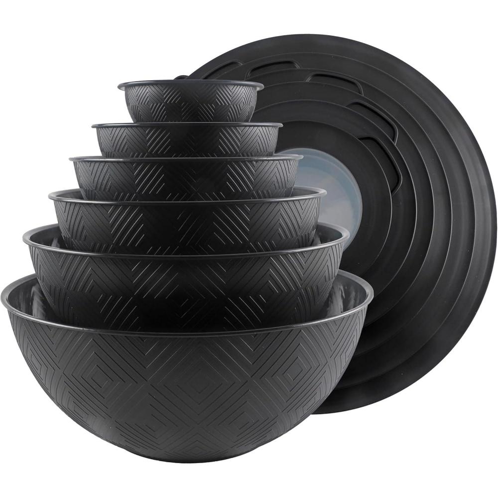 imageCOOK WITH COLOR Mixing Bowls with TPR Lids  12 Piece Plastic Nesting Bowls Set includes 6 Prep Bowls and 6 Lids Microwave Safe Mixing Bowl Set Blue and WhiteBlack Rhombus