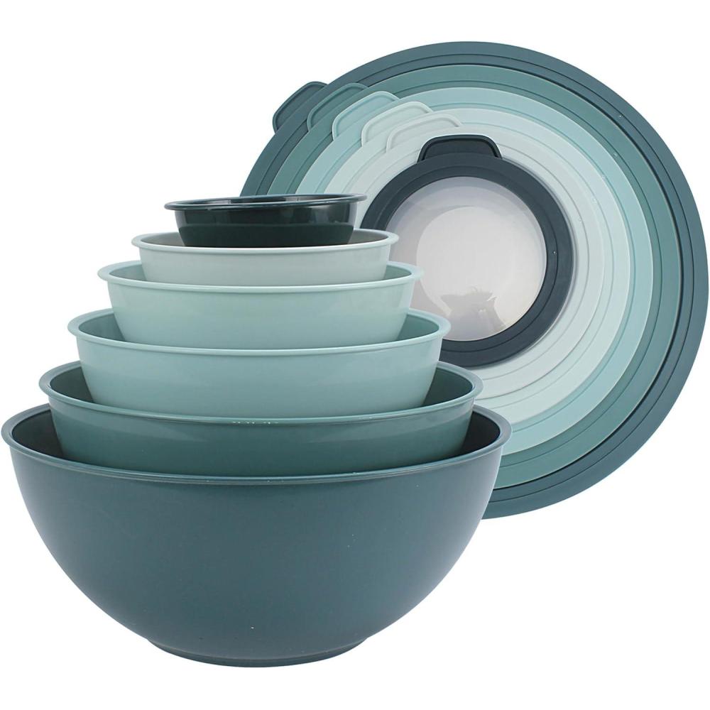 imageCOOK WITH COLOR Mixing Bowls with TPR Lids  12 Piece Plastic Nesting Bowls Set includes 6 Prep Bowls and 6 Lids Microwave Safe Mixing Bowl Set Blue and WhiteTeal TPR Lids