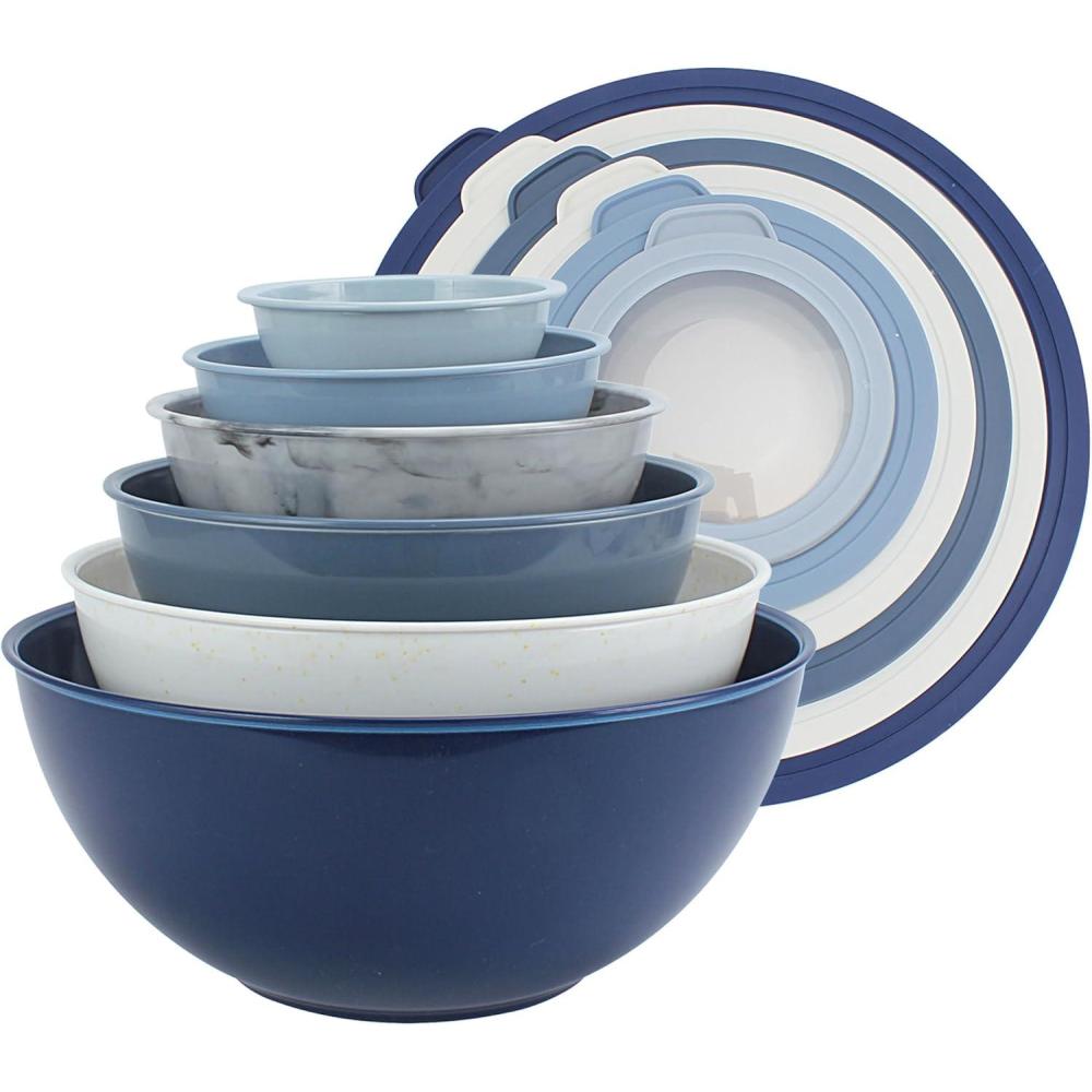 imageCOOK WITH COLOR Mixing Bowls with TPR Lids  12 Piece Plastic Nesting Bowls Set includes 6 Prep Bowls and 6 Lids Microwave Safe Mixing Bowl Set Blue and WhiteBlue and White TPR Lids