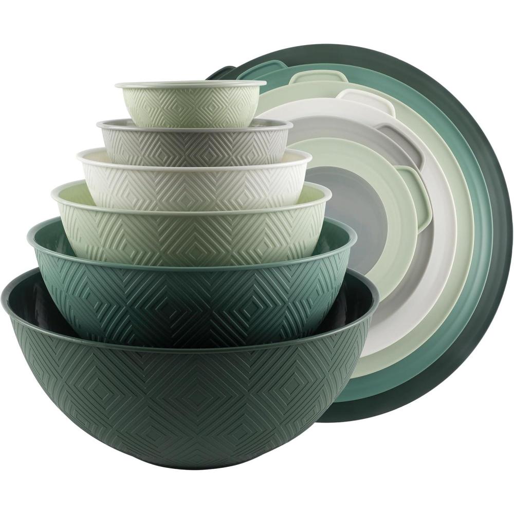 imageCOOK WITH COLOR Mixing Bowls with TPR Lids  12 Piece Plastic Nesting Bowls Set includes 6 Prep Bowls and 6 Lids Microwave Safe Mixing Bowl Set Blue and WhiteSage Rhombus
