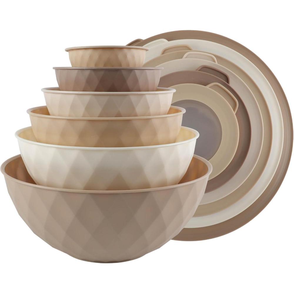 imageCOOK WITH COLOR Mixing Bowls with TPR Lids  12 Piece Plastic Nesting Bowls Set includes 6 Prep Bowls and 6 Lids Microwave Safe Mixing Bowl Set Blue and WhiteBrown Embossed