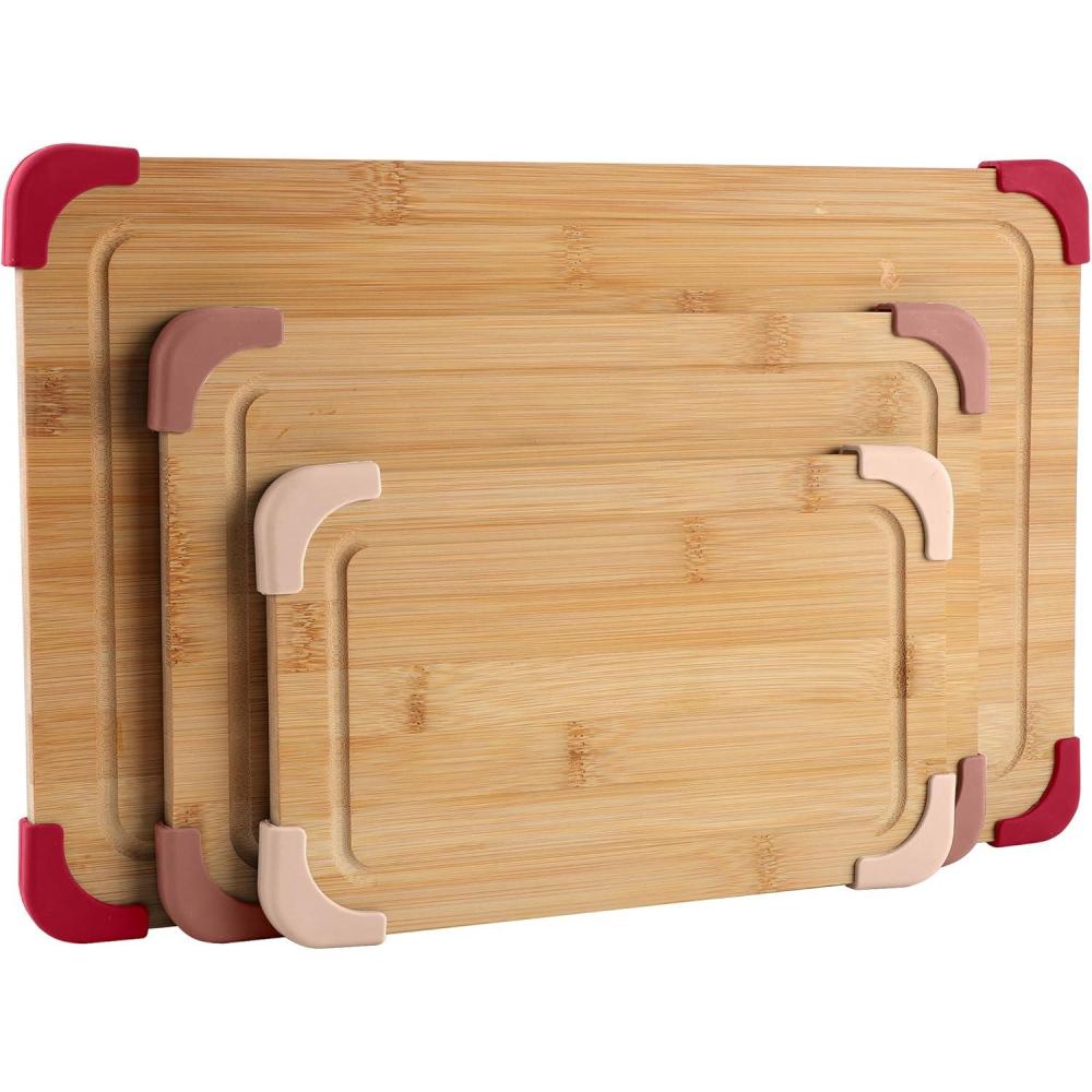 imageCOOK WITH COLOR NonSlip Cutting Board Set  Kitchen Essentials with Easy Grip Handle for Meat Veggies and Fruits 3 Cutting Boards Bamboo NonSlip GreyBamboo NonSlip Rose