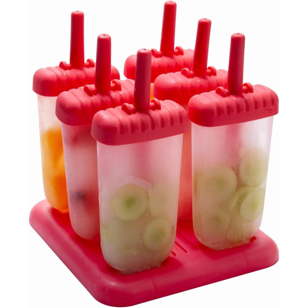imageCOOK WITH COLOR Popsicle Mold  6 Section Reusable Ice Pop Molds for Frozen Yogurt Ices Ice Creams and Homemade Popsicles for Toddlers Kids and Adults Red Classic