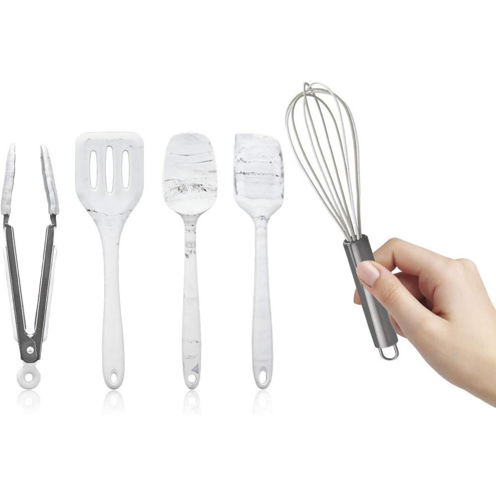 imageCOOK WITH COLOR Silicone Cooking Utensils Kitchen Utensil Set Easy to Clean Silicone Kitchen Utensils Cooking Utensils for Nonstick Cookware Kitchen Gadgets Set Mini BlackMarble White
