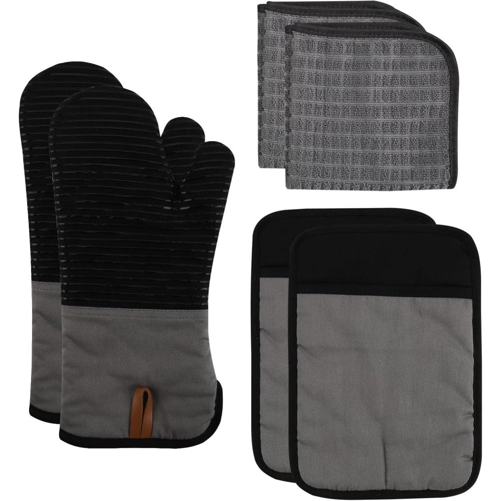 imageCOOK WITH COLOR Silicone Oven Mitts Heat Resistant Gloves with Soft Quilted Lining Oven Mitt Pot Holders for Cooking and BBQ Black Mitt SetBlack