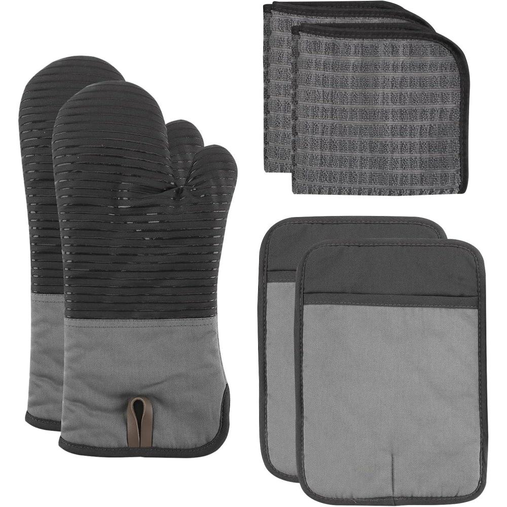 imageCOOK WITH COLOR Silicone Oven Mitts Heat Resistant Gloves with Soft Quilted Lining Oven Mitt Pot Holders for Cooking and BBQ Black Mitt SetGray