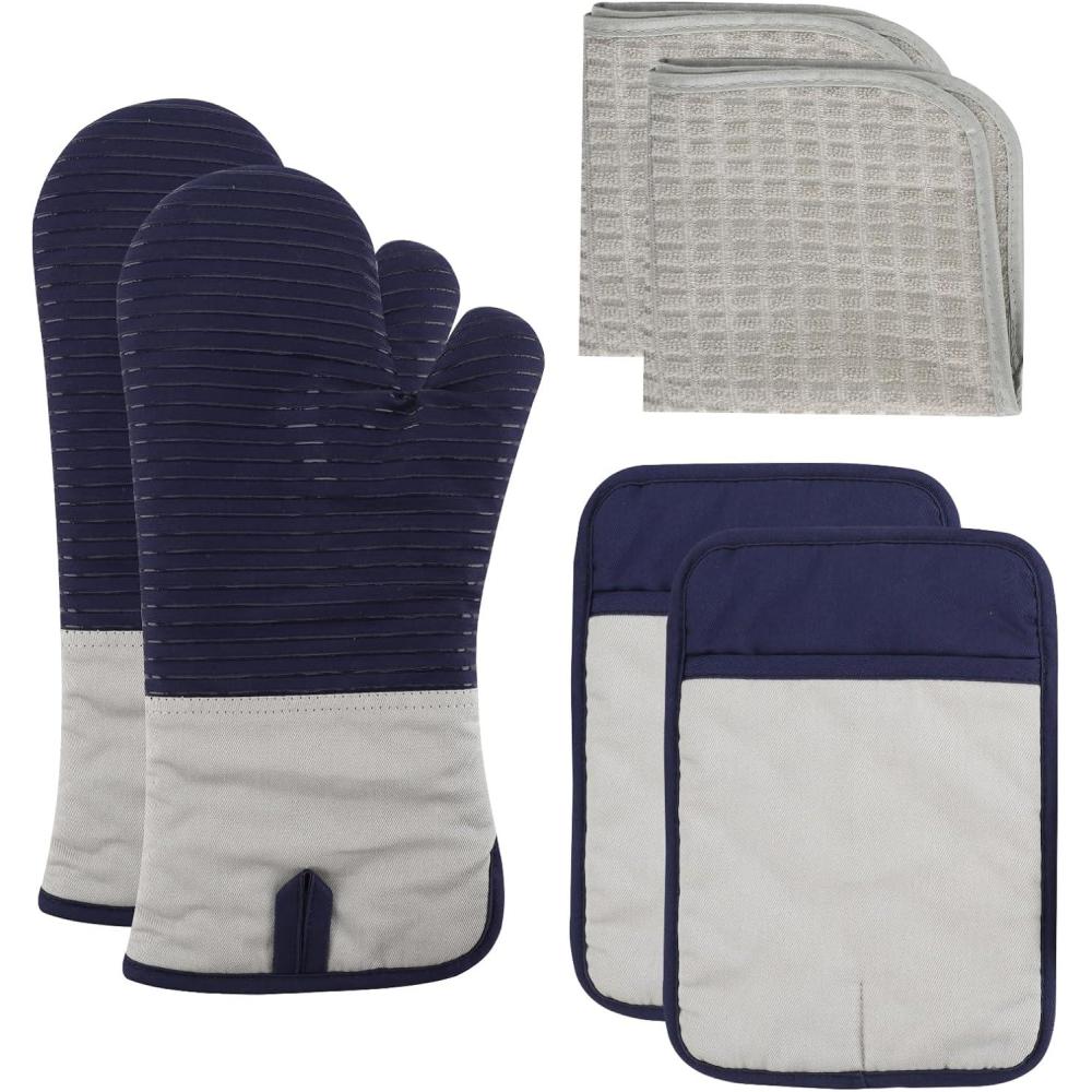 imageCOOK WITH COLOR Silicone Oven Mitts Heat Resistant Gloves with Soft Quilted Lining Oven Mitt Pot Holders for Cooking and BBQ Black Mitt SetNavy