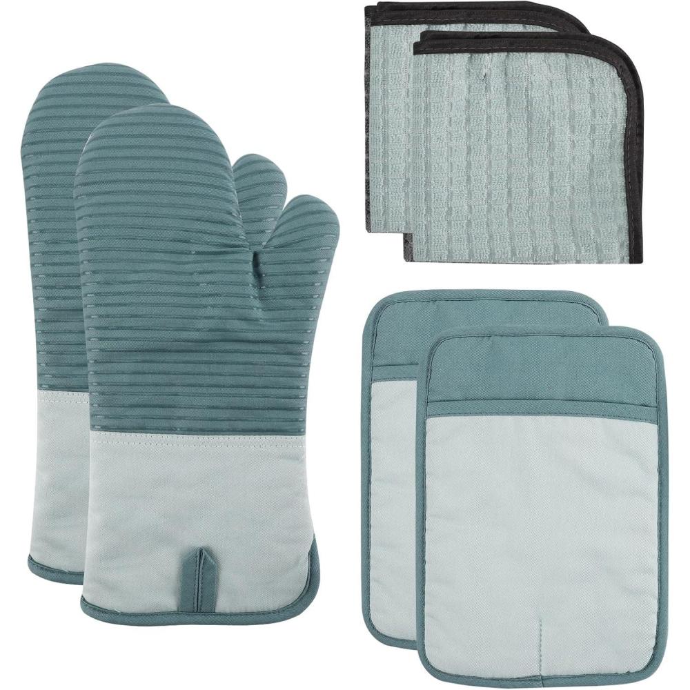 imageCOOK WITH COLOR Silicone Oven Mitts Heat Resistant Gloves with Soft Quilted Lining Oven Mitt Pot Holders for Cooking and BBQ Gray Mitt SetMint