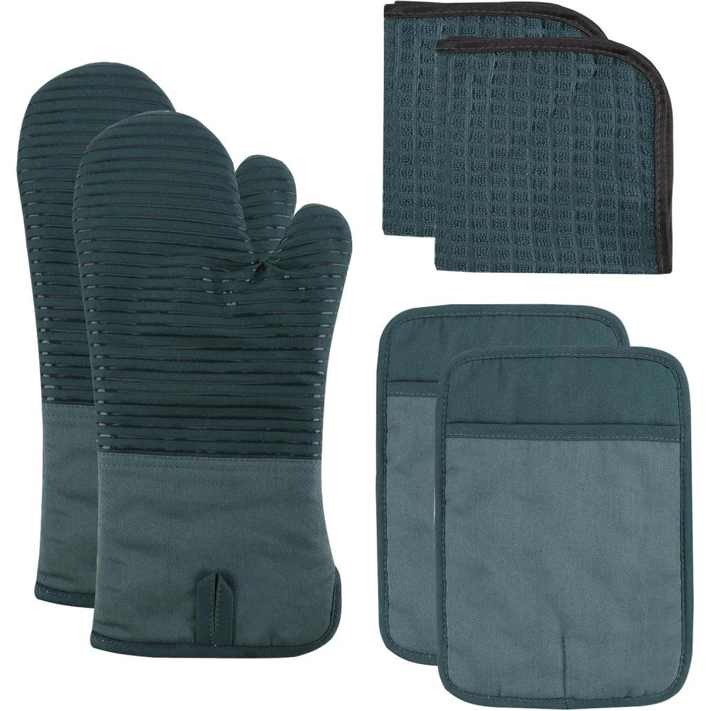 imageCOOK WITH COLOR Silicone Oven Mitts Heat Resistant Gloves with Soft Quilted Lining Oven Mitt Pot Holders for Cooking and BBQ Gray Mitt SetTeal