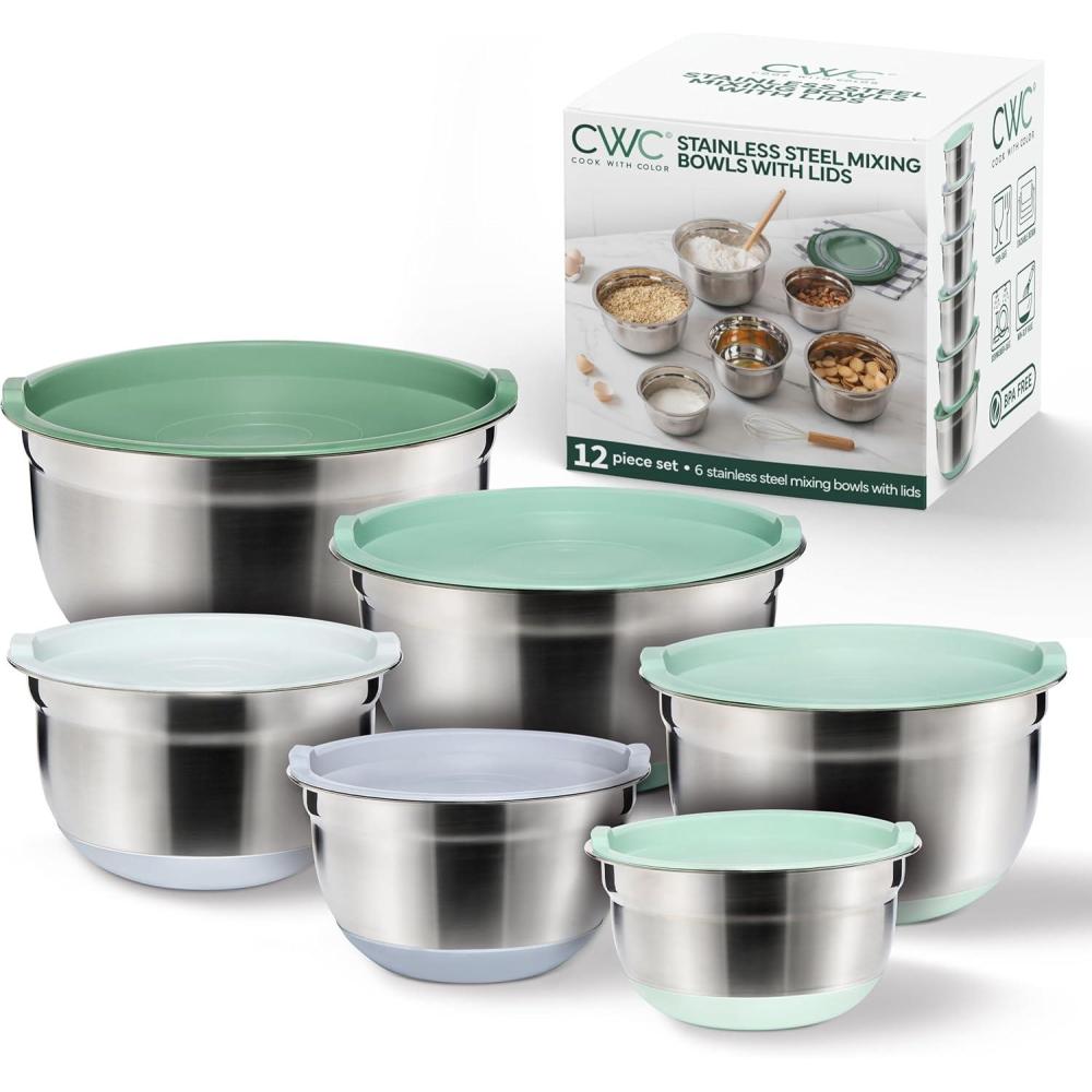imageCOOK WITH COLOR Stainless Steel Mixing Bowls Set with Lids  Nesting Bowls with NonSlip Bottom Black 12 PiecesSage
