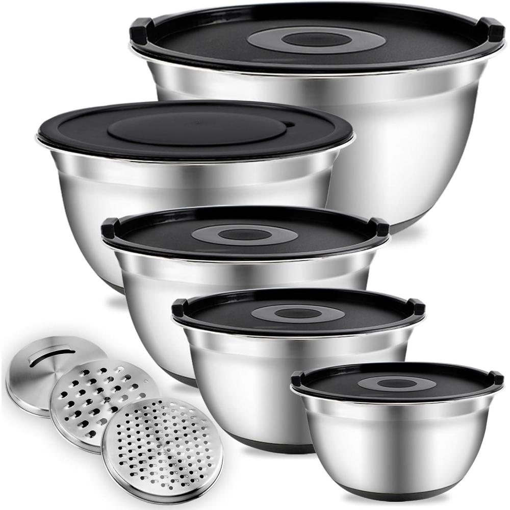 imageCOOK WITH COLOR Stainless Steel Mixing Bowls Set with Lids  Nesting Bowls with NonSlip Bottom Black 12 PiecesSilver