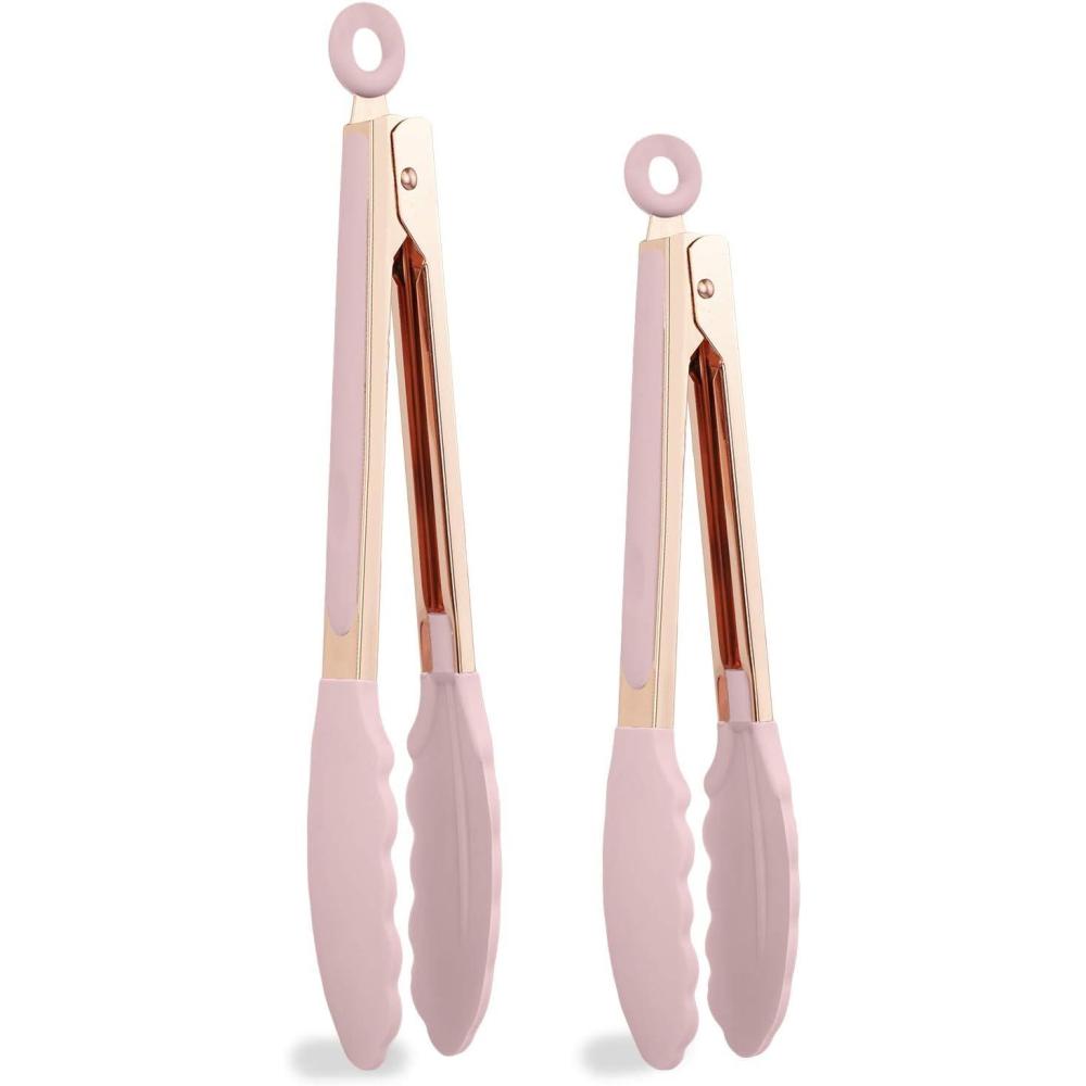 imageCOOK WITH COLOR Stainless Steel Silicone Tipped Kitchen ampamp BBQ Tongs Set 3 Pc Utensils GreyRose Gold and Pink