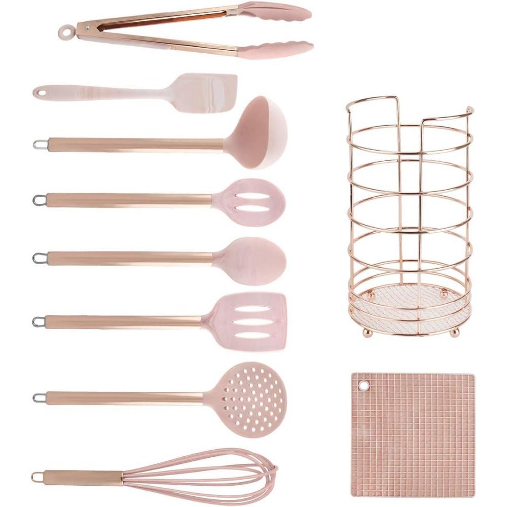 imageCook With Color 10 Piece Silicone Cooking Utensil Set with Holder and Trivet Kitchen Tools and Gadgets with Rounded Copper Handles Pink